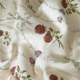 4Pcs Vintage French Pure Cotton Rose Print Pleated Lace Ruffles Bedding Set Queen King Size Duvet Cover Set Bed Sheet Pillowcase