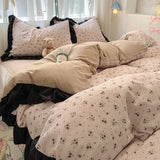 Floral print Korean style Princess Lace Bedding Set Duvet Cover Set Washed Cotton Flat Sheet set Queen For Girl Decor Home