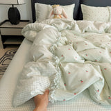 Korean Pink Gingham Bedding Sets With Cherry Cute Girls Striped Duvet Cover Wash Cotton Soft Bed Sheet Set Quilt Cover
