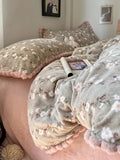 Ikeehome  Dr Flower Record Milk Fuzz Coral Fce Four Piece Set Girl Sle Warmth Bedding Cover Winter Cozy French Sle Bedding
