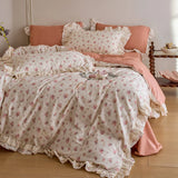 Double Layer Lace Ruffles 100% Cotton Princess Style Bedding Set Single Queen King Size Floral Duvet Cover Bed Sheet Pillowcases