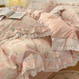 Korean Princess Style Flowers Lace Ruffles 100% Cotton Bedding Set Duvet Cover Bed Sheet/Fitted Sheet/Bed Skirt Pillowcases 4Pcs