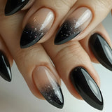Mid-length Almond Press on Nails Black Irregular Flower Fake Nails with Simple Diamond Wearable Manicure Full Cover False Nails
