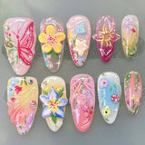 24pcs Flower Butterfly Design False Nails Art Summer Sweet Colorful Smudge Almond Full Cover Nail Rhinestone Press on Fake Nails