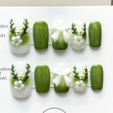 10pcs Green Blush Gradient Fake Nails Handmade Press On Nails With Cute Flower Bowknot Decor Sweet Spring Square Head False Nail