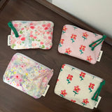 Pink Floral Print Mini Cotton Pouch for Women, Small Coin Purse & Card Holder for Lipstick & Earphone, Summer New Portable