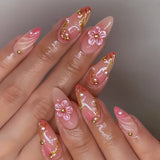 24pcs Light Pink Smudge Press on Nails Gold Leafing Nail Art Sweet 3D Floral Fake Nails Pearl Bow French False Nails Almond Nail