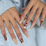 Mid-length Square False Nails French Leopard Print Long Ballet Fake Nail Full Cover Press on Nails Pearl Design Acrylic Nail Tip
