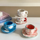1Pc280Ml Original Design Scandinavian Style Hand-Kneaded Ceramic Coffee Cup and Saucer Multi-Color Plaid Heart Blue Sky and White Clouds Flower Mug Suitable for Afternoon Tea Milk Cup and Saucer Latte Cup Dessert Plate Cup an