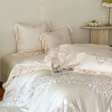 1000TC Egyptian Cotton Flowers Embroidery Lace Ruffles Princess Bedding Set Duvet Cover Flat/Fitted Bed Sheet Pillowcases 4Pcs