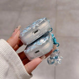 Luxury Bling Blue Floral Fresh Flower Case For AirPods 1 2 3 Case For Airpods 4 Pro Bluetooth Earphone Cover with Beads Keychain
