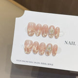 10Pcs Snake Rhinestone Press on Nails Pink Gradient Press on Fake Nails Cat Eye Almond False Nails 3D Carve Flower Nail Art Tip