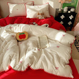 Ins Cream Style Bedding Set Red Embroidery Bow Triangular Needle Stitching Double-layer Yarn Soft Comfortable Bedroom Decoration