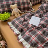 INS Girls Retro Red Grid Bedding Sets New Ruffles Lace Bed Sheet Sets Plaid Queen Size Duvet Cover Sets With Pillowcases