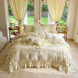 Korean Princess Style Chiffon Bedding Set 100% Cotton Elegant King Size Duvet Cover Set with Sheets Quilt Cover and Pillowcases