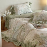 4Pcs Lyocell Soft Silky Cooling Summer Bedding Set Rose Floral Prints Ruffles Duvet Cover Set Bed Sheet/Fitted Sheet Pillowcases