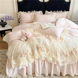 4Pcs Princess Wedding Bedding Set Korean Style Lace Flowers Embroidery Duvet Cover Bed Sheet/Fitted Sheet/Bed Skirt Pillowcases