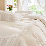 4/6Pcs White Pink Sweet Princess Wedding Bedding Sets Luxury Chiffon Lace Ruffle Duvet Cover Set Bedspread Bed Skirt Pillowcases
