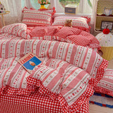 3/4Pcs Bedding Set Korean Princess Ruffle Cute And Whimsical Plaid Cat Cartoon Style Bed Sheets Kawaii Linen 2 Bedroom Cotton