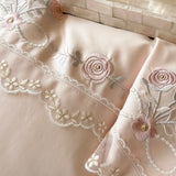 800TC Lyocell Bamboo Fiber Soft Silky Bedding Set Rose Floral Embroidery Lace Ruffles Duvet Cover Flat/Fitted Sheet Pillowcases