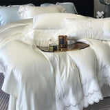 4Pcs Pink Princess Lace Edge Lyocell Eucalyptus Fiber Soft Silky Bedding Set Duvet Cover Set Bed Sheet/Fitted Sheet Pillowcases