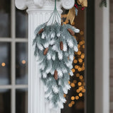 Teardrop Shape Artificial Christmas Pine Branches with Faux Pine Cone Green Hanging Snowy Norfolk Pine Needles Plastic Simulated