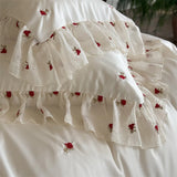 Luxury Light Champagne Rose Embroidery Ruffled Bedding Set Lyocell Soft Silky Cooling Duvet Cover Set Bed Sheet Pillowcases 4Pcs