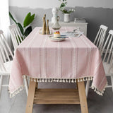 Tassel Tablecloth Pink Cotton Linen Soft Stripe Stain Resistant Dust-Proof Table Cover for Kitchen Dinning Tabletop Decoration