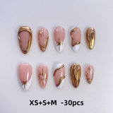 10pcs XS-S-M Size Luxury French Almond Press On Nails Metallic Gold Star Heart Wave Lines False Nails Reusable Acrylic Nail Tips