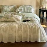 4Pcs French Princess Style Tencel Cotton Ice Silk Summer Cooling Comforter Set Blue Print Ruffle Bedding Set 1.5M Bedspread
