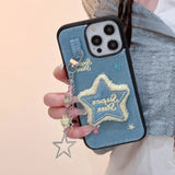 Embroidery Stars Jean Cloth Denim Case For iPhone 12 13 14 15 Pro Max 11 Phone Case with Star Pendant Keychain Soft Back Cover