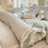 Korean Princess Style Floral Prints Ruffles Bedding Set Double Layer Yarn 100% Cotton Duvet Cover Pillowcases Bed Sheet 4Pcs