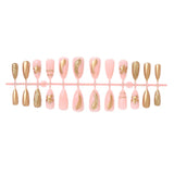 24Pcs French Flowers Pattern Almond Simple False Nails Set with Gloden Stripes Designs Detachable Finished Nails with Jelly Glue
