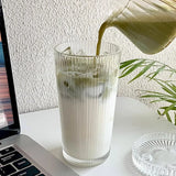 Glass Coffee Mug with Straw Transparent Straw Glass Mug with Lid Household Vertical Stripe Water Mug Drinkware