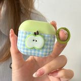 Cartoon Cute Green Apple DIY Grid Pattern Silicone Earphone Case For AirPods 1 2 3 4 Pro 2 Soft Protection Cover With Keychain