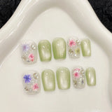 10pcs Green Blush Gradient Fake Nails Handmade Press On Nails With Cute Flower Bowknot Decor Sweet Spring Square Head False Nail
