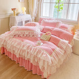 4Pcs Korean Princess Style Winter Thick Warm Milk Velvet Bedding Set Three-layer Lace Ruffles Duver Cover Bed Skirt Pillowcases