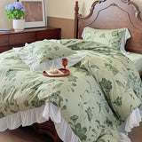 French Pastoral Style Rose Flowers Print Lace Bedding Set Single Queen King Size 100% Cotton Duvet Cover Bed Sheet Pillowcases