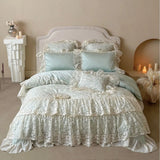 French Princess Bedding Set 4PCS Luxury All Cotton Lace Duvet Cover Set with Quilted Bedspread, Elegant Bedding Queen King Size