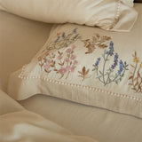 Natural Cotton Linen Vintage French Flowers Embroidery Luxury Bedding Set Duvet Cover Flat/Fitted Bed Sheet Pillowcases 4Pcs