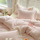 4pcs  Korean lace Duvet Cover Set (1*Duvet Cover +1 flat sheet + 2*Pillowcase, Without Core), Pink checkered print Bedding Set