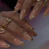 24Pcs Simple French Fake Nails with Almond Head Design Detachable 3D Irregular Star Pattern Press on False Nails Manicure Tools