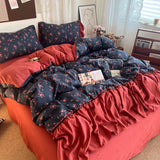 Korean Bedding Set Luxury Quilt Cover Pillowcase Flat Bed Sheet Skirt Fitted Sheet Girl Princess Ruffle Home Textile Christmas
