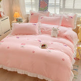 Kawaii Princess Bedding Set with White Ruffles Korean Style Girls Single Full Duvet Cover No Filling Flat Sheet Pillowcases Kit