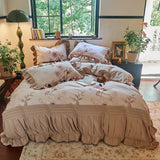 Egyptian Cotton Brushed Fabric Pleated Ruffles Rose Prints Bedding Set Duvet Cover Flat/Fitted Bed Sheet Pillowcases 4Pcs