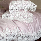 Vintage Rose Jacquard Lyocell Soft Silky Cooling Hollow Lace Edge Bedding Set Duvet Cover Flat/Fitted Bed Sheet Pillowcases 4Pcs