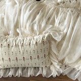 4Pcs Vintage French Pure Cotton Rose Print Pleated Lace Ruffles Bedding Set Queen King Size Duvet Cover Set Bed Sheet Pillowcase