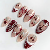 24pcs Rhinestone Fake Nail Christmas Blush Almond Nails Sets Press on French Red Nails Tips Star Design Pink False Nail Finished