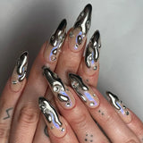24pcs Long Almond False Nails Black French Ballerina Press on Nails Y2k Flower Bow with Leopard Print Full Cover Fake Nail Tips