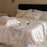 Lyocell Bamboo Fiber Silky Cool Feeling Breathable Bedding Set Butterfly Embroidery Duvet Cover Set Bed Sheet Pillowcases 4Pcs